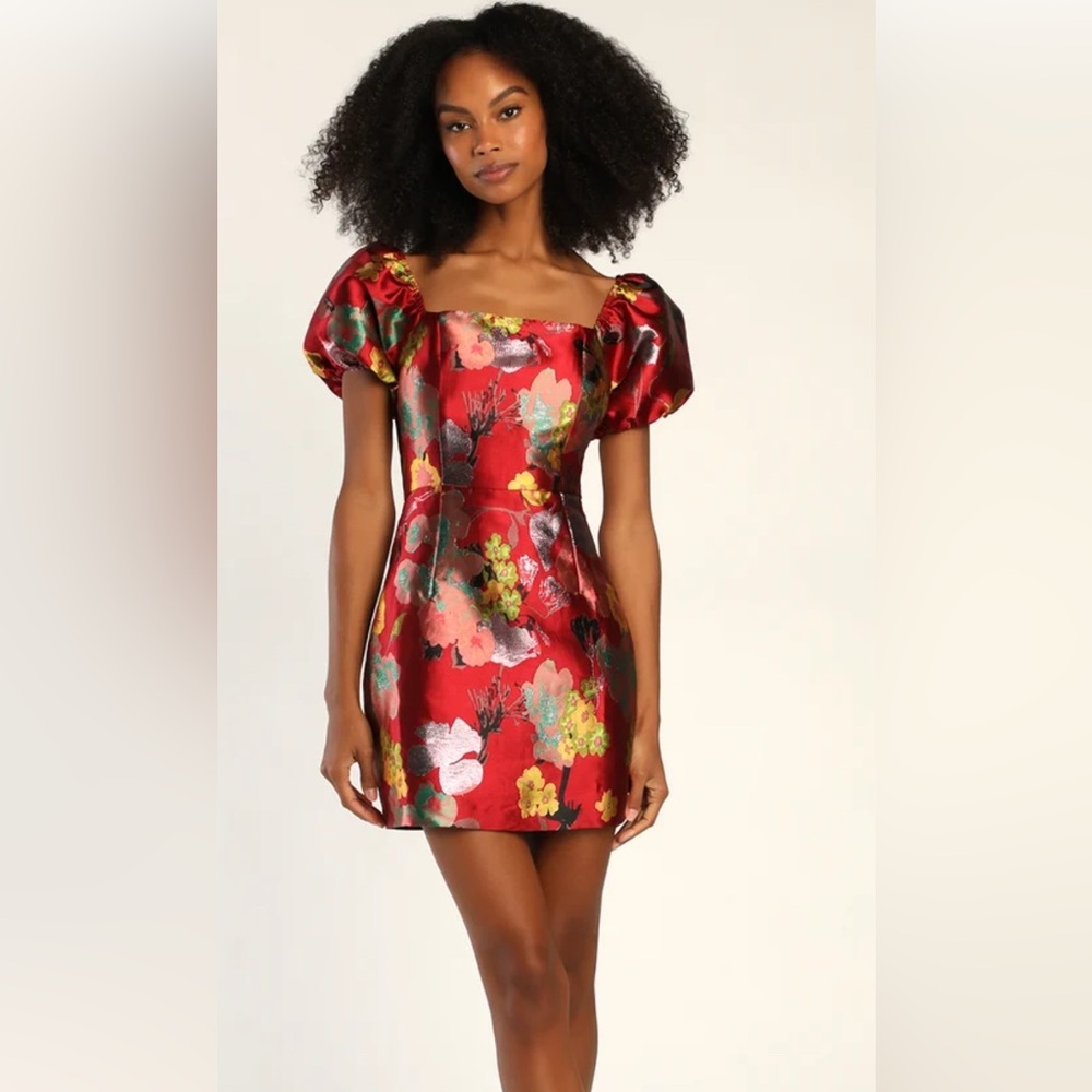 Lulus So Stunning Red Multi Floral Jacquard Puff Sleeve Mini Dress